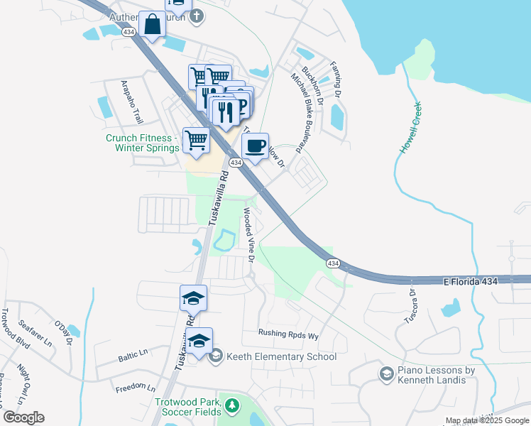 map of restaurants, bars, coffee shops, grocery stores, and more near 80 Michael Blake Boulevard in Winter Springs