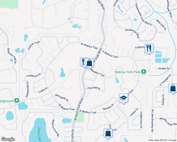 map of restaurants, bars, coffee shops, grocery stores, and more near 241 North Hunt Club Boulevard in Longwood