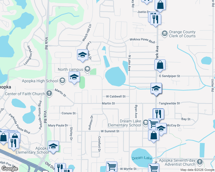 map of restaurants, bars, coffee shops, grocery stores, and more near 235 West Grossenbacher Drive in Apopka