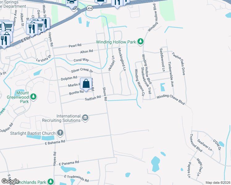 map of restaurants, bars, coffee shops, grocery stores, and more near 243 Holiday Lane in Winter Springs