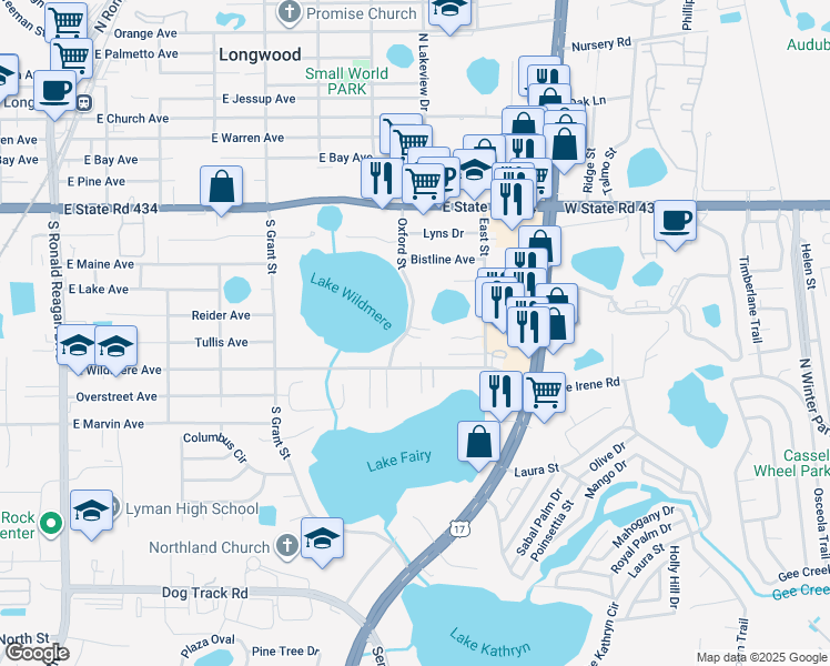 map of restaurants, bars, coffee shops, grocery stores, and more near 712 Oxford Street in Longwood
