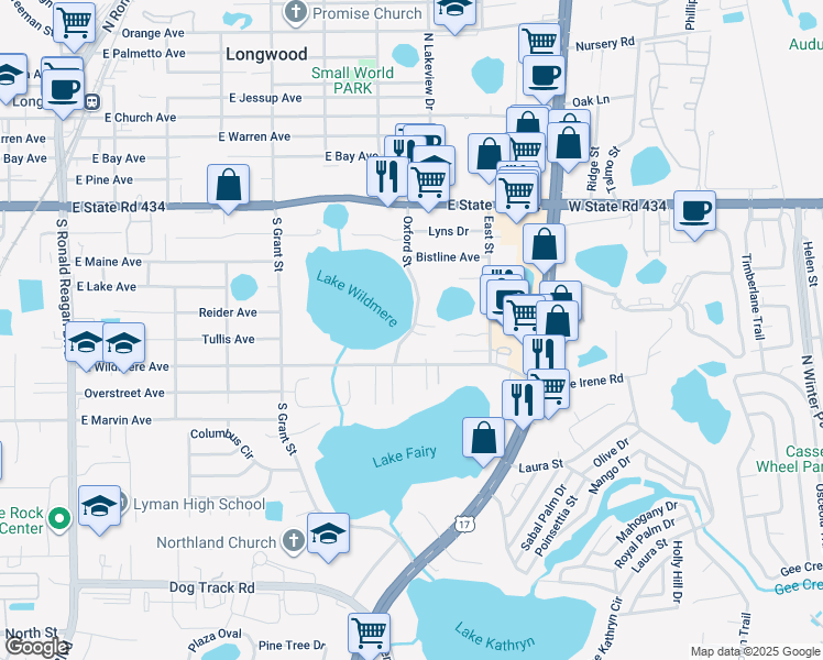 map of restaurants, bars, coffee shops, grocery stores, and more near 712 Oxford Street in Longwood