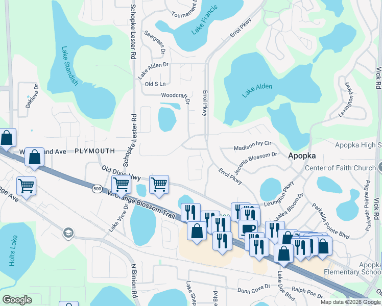 map of restaurants, bars, coffee shops, grocery stores, and more near 677 Vía Milano in Apopka