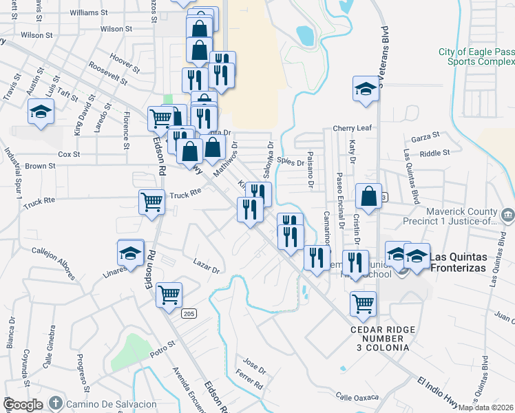 map of restaurants, bars, coffee shops, grocery stores, and more near 1141 Kiriaka Drive in Eagle Pass