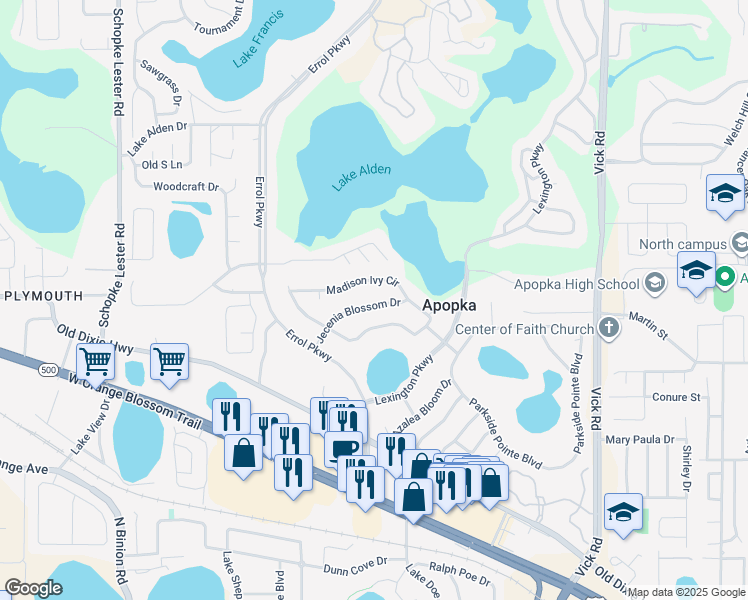 map of restaurants, bars, coffee shops, grocery stores, and more near 1365 Jecenia Blossom Drive in Apopka