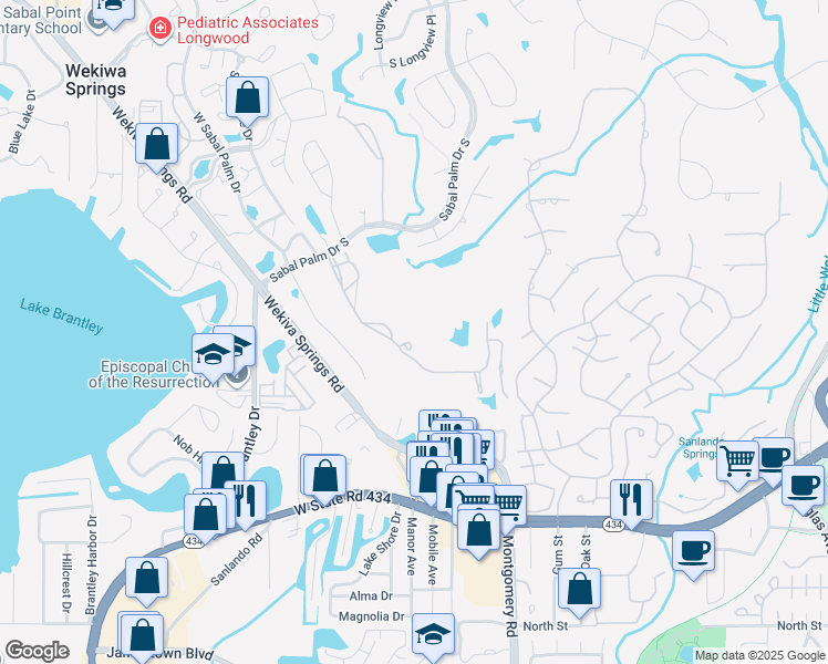 map of restaurants, bars, coffee shops, grocery stores, and more near 497 Village Place in Longwood