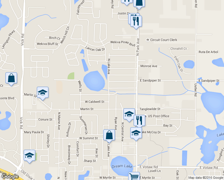 map of restaurants, bars, coffee shops, grocery stores, and more near 30 West Skylark Street in Apopka