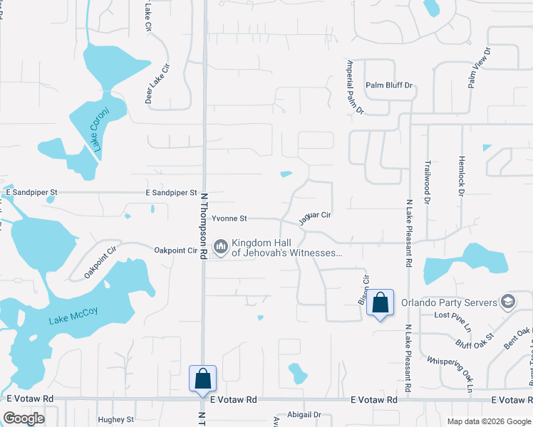 map of restaurants, bars, coffee shops, grocery stores, and more near 1343 Yvonne Street in Apopka