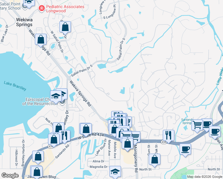 map of restaurants, bars, coffee shops, grocery stores, and more near 497 Village Place in Longwood