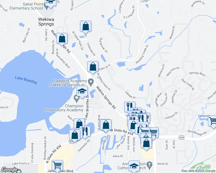 map of restaurants, bars, coffee shops, grocery stores, and more near 263 West Sabal Palm Place in Longwood