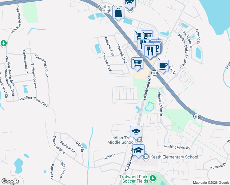map of restaurants, bars, coffee shops, grocery stores, and more near 420 Park Lake Drive in Winter Springs