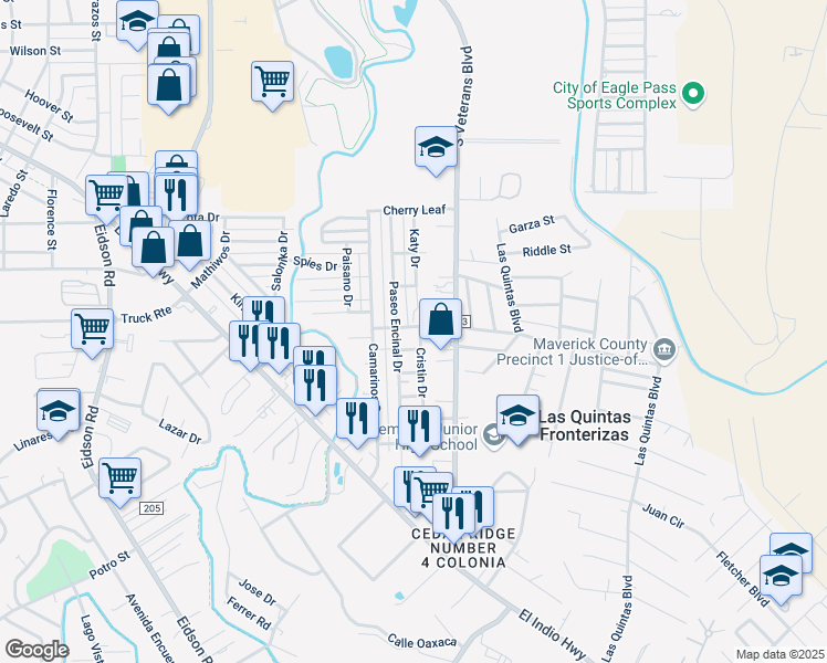 map of restaurants, bars, coffee shops, grocery stores, and more near 1525 Paseo Encinal Drive in Eagle Pass