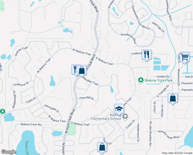 map of restaurants, bars, coffee shops, grocery stores, and more near 244 Churchill Drive in Longwood