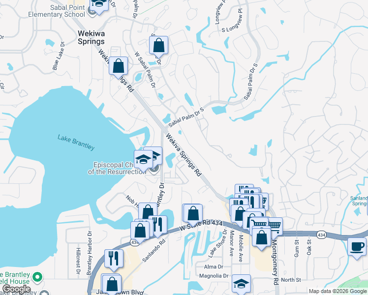map of restaurants, bars, coffee shops, grocery stores, and more near 262 West Sabal Palm Drive in Longwood