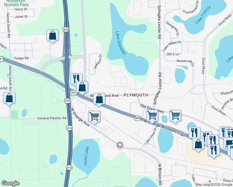 map of restaurants, bars, coffee shops, grocery stores, and more near 750 River Rock Boulevard in Apopka