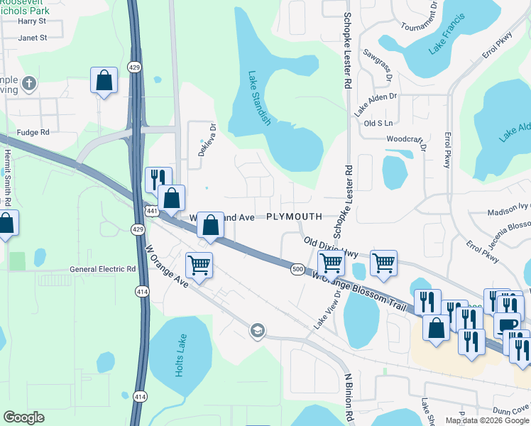 map of restaurants, bars, coffee shops, grocery stores, and more near 752 Trey Court in Apopka