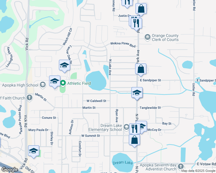 map of restaurants, bars, coffee shops, grocery stores, and more near 30 West Skylark Street in Apopka