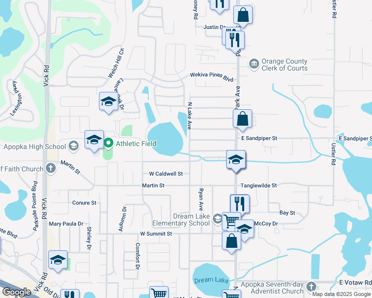 map of restaurants, bars, coffee shops, grocery stores, and more near 30 West Skylark Street in Apopka