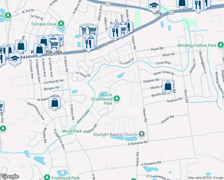 map of restaurants, bars, coffee shops, grocery stores, and more near 505 Green Spring Circle in Winter Springs
