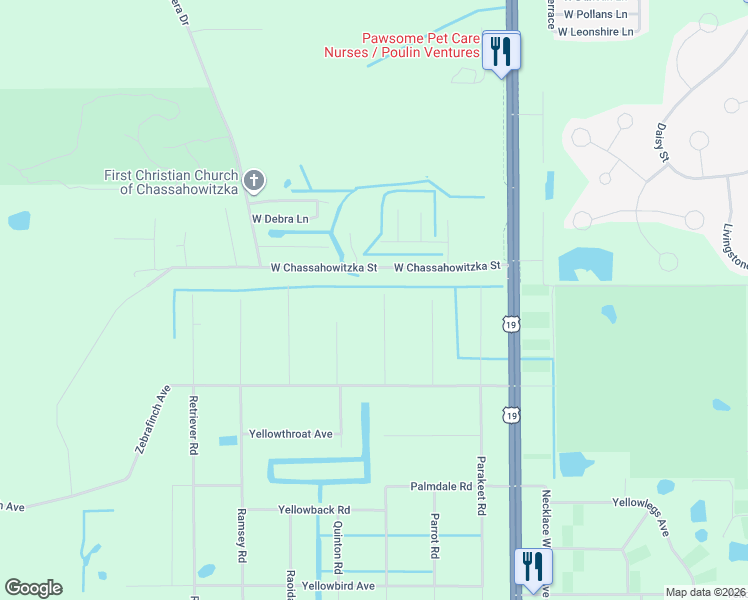 map of restaurants, bars, coffee shops, grocery stores, and more near 19009 Pake Road in Brooksville