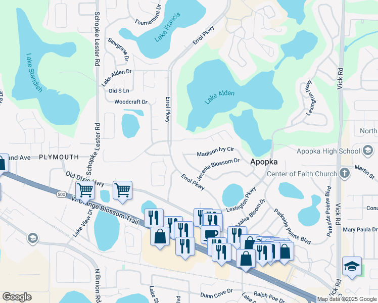 map of restaurants, bars, coffee shops, grocery stores, and more near 1565 Madison Ivy Circle in Apopka