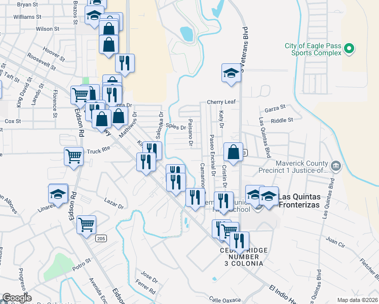 map of restaurants, bars, coffee shops, grocery stores, and more near 1040 Cindy Marie in Eagle Pass