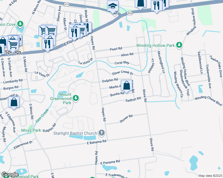 map of restaurants, bars, coffee shops, grocery stores, and more near 640 Marlin Road in Winter Springs