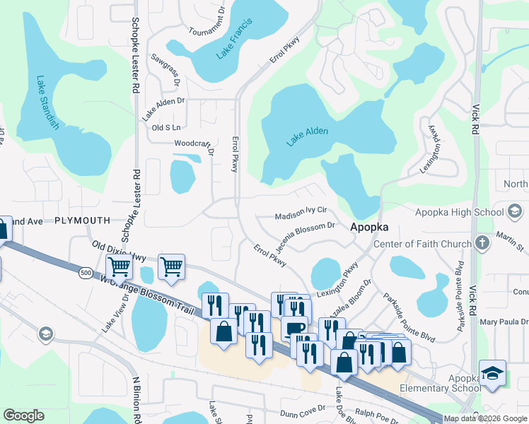 map of restaurants, bars, coffee shops, grocery stores, and more near 1565 Madison Ivy Circle in Apopka