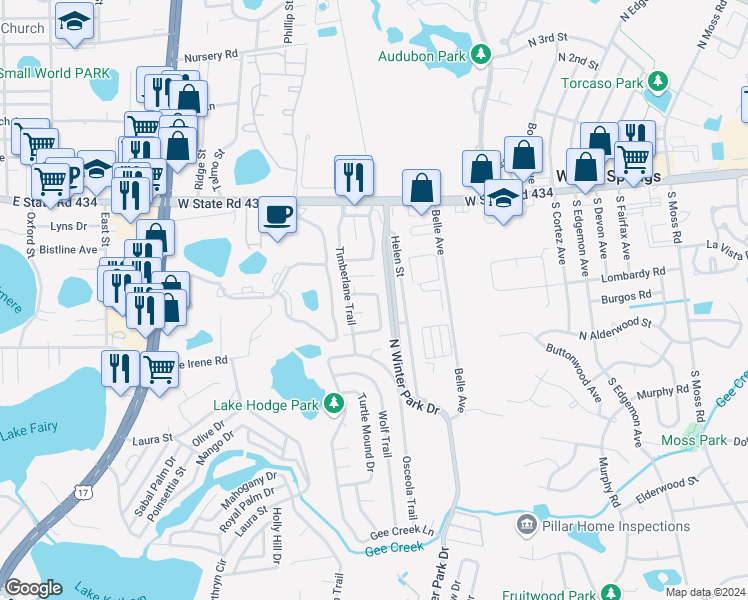 map of restaurants, bars, coffee shops, grocery stores, and more near 210 Colony Drive in Casselberry