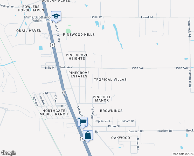 map of restaurants, bars, coffee shops, grocery stores, and more near 3483 Masek Avenue in Mims