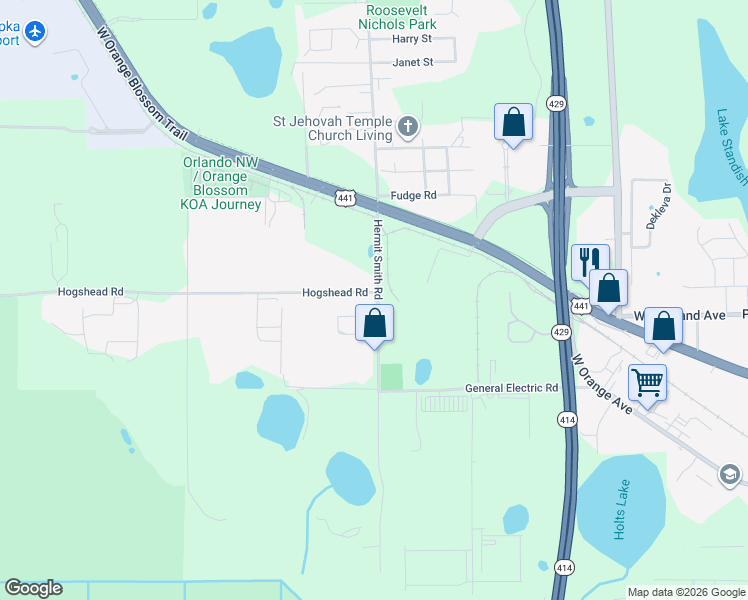 map of restaurants, bars, coffee shops, grocery stores, and more near 850 Hermit Smith Road in Apopka