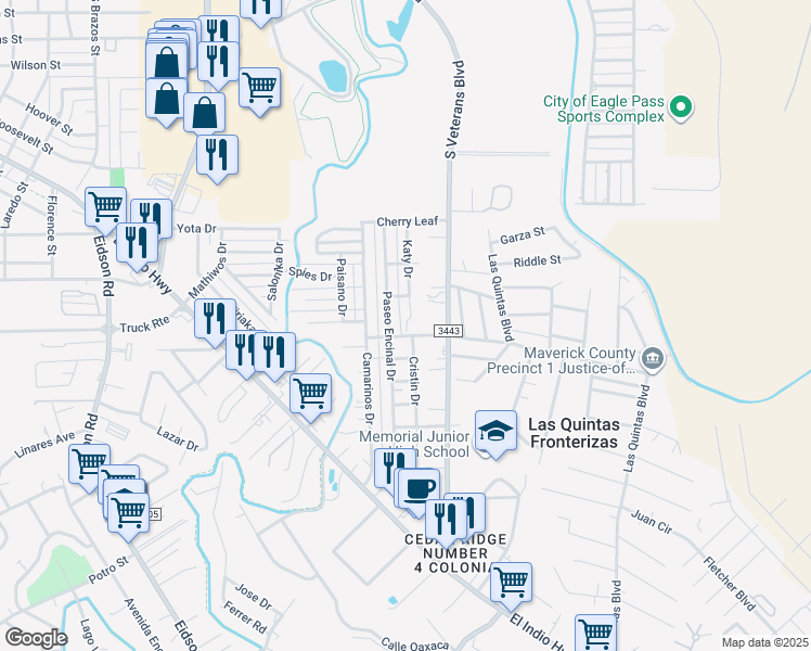 map of restaurants, bars, coffee shops, grocery stores, and more near 1415 Paseo Encinal Drive in Eagle Pass