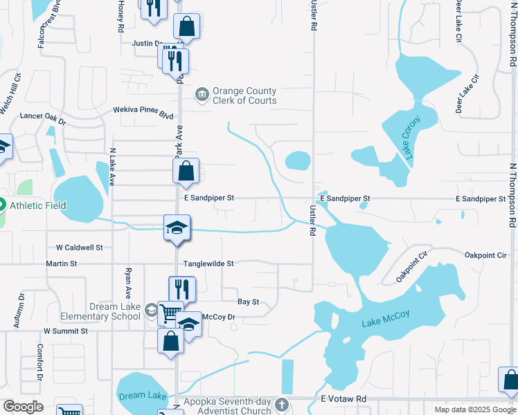 map of restaurants, bars, coffee shops, grocery stores, and more near 393 East Sandpiper Street in Apopka