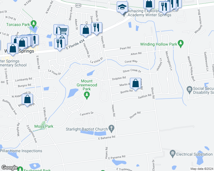 map of restaurants, bars, coffee shops, grocery stores, and more near 367 Masson Court in Winter Springs