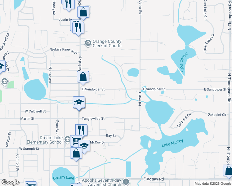 map of restaurants, bars, coffee shops, grocery stores, and more near 393 East Sandpiper Street in Apopka