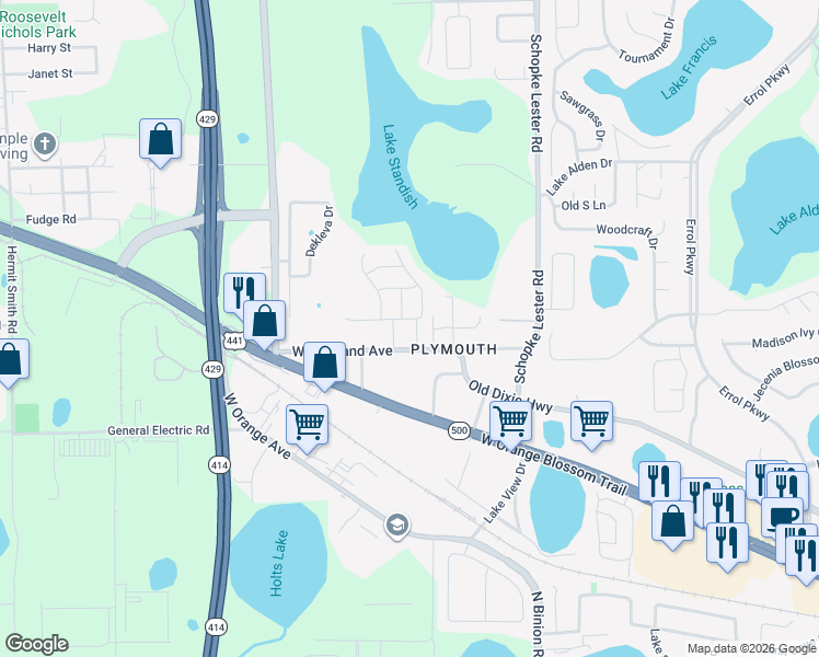 map of restaurants, bars, coffee shops, grocery stores, and more near 776 Trey Court in Apopka