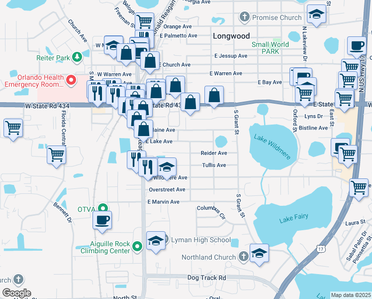 map of restaurants, bars, coffee shops, grocery stores, and more near 298 East Lake Avenue in Longwood