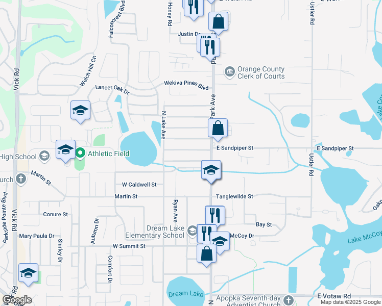 map of restaurants, bars, coffee shops, grocery stores, and more near 5 West Sandpiper Street in Apopka