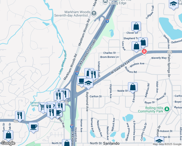 map of restaurants, bars, coffee shops, grocery stores, and more near 106 Springwood Circle in Longwood