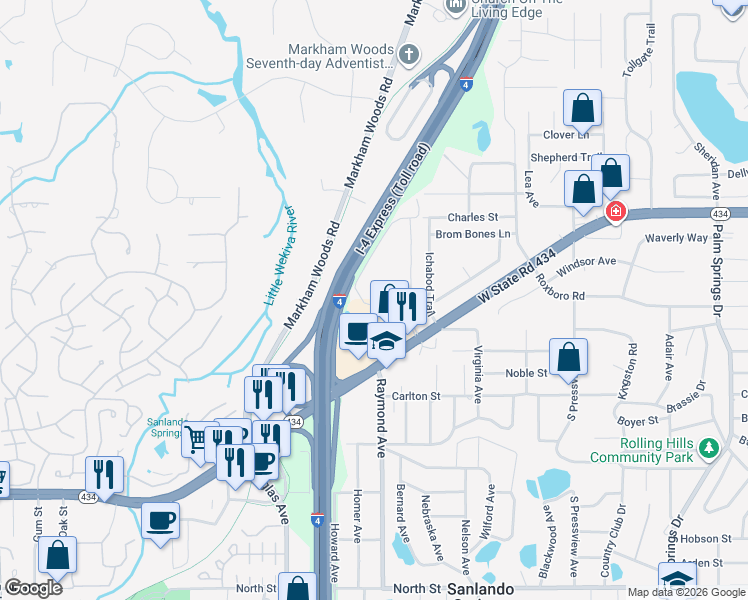 map of restaurants, bars, coffee shops, grocery stores, and more near 159 Springwood Circle in Longwood