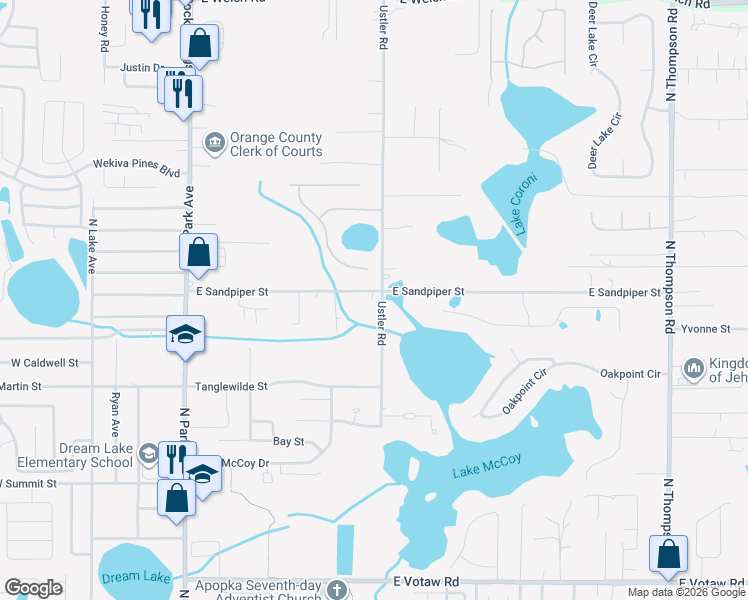 map of restaurants, bars, coffee shops, grocery stores, and more near 481 East Sandpiper Street in Apopka
