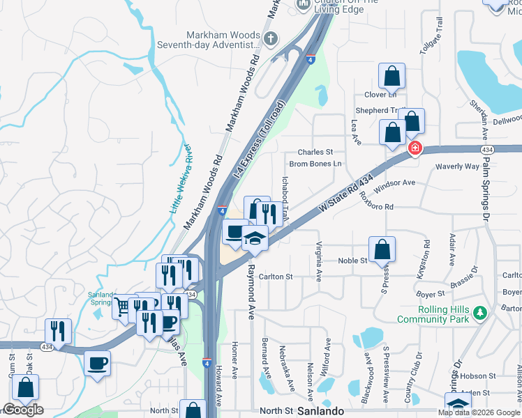 map of restaurants, bars, coffee shops, grocery stores, and more near 177 Springwood Circle in Longwood