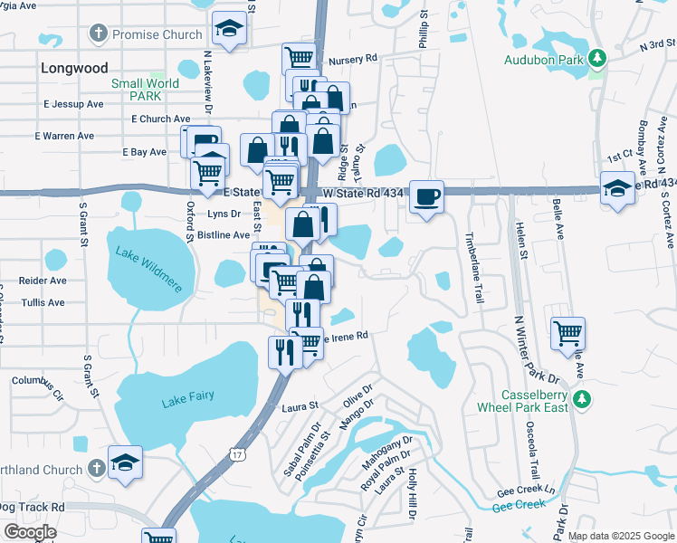 map of restaurants, bars, coffee shops, grocery stores, and more near 551 Sunbranch Lane in Casselberry