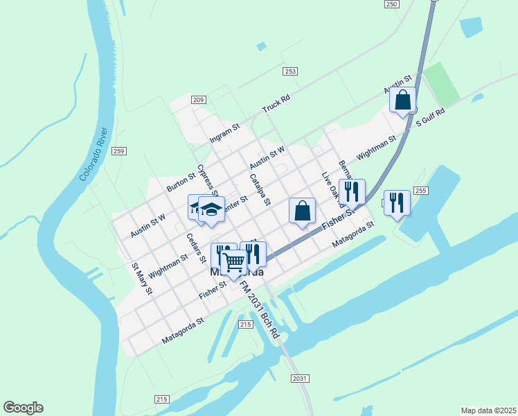 map of restaurants, bars, coffee shops, grocery stores, and more near 1001 Center Street in Matagorda