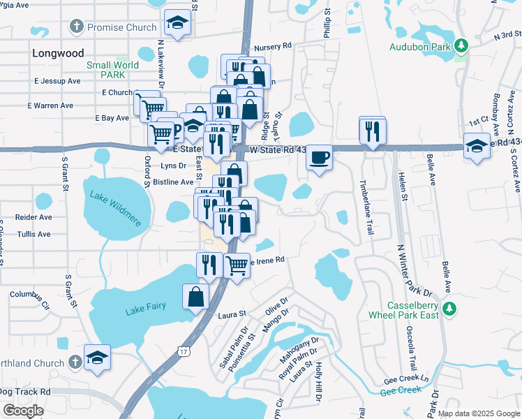 map of restaurants, bars, coffee shops, grocery stores, and more near 551 Sunbranch Lane in Casselberry