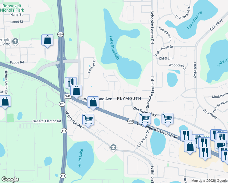 map of restaurants, bars, coffee shops, grocery stores, and more near 808 Leanore Lane in Apopka