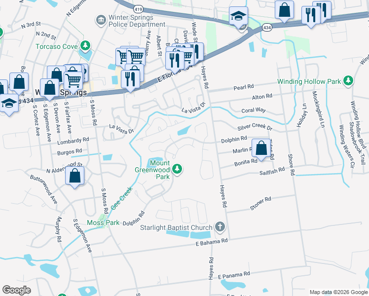 map of restaurants, bars, coffee shops, grocery stores, and more near 576 Green Spring Circle in Winter Springs