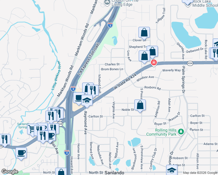 map of restaurants, bars, coffee shops, grocery stores, and more near 311 Raven Rock Lane in Longwood