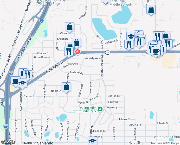 map of restaurants, bars, coffee shops, grocery stores, and more near 1202 Windsor Avenue in Longwood