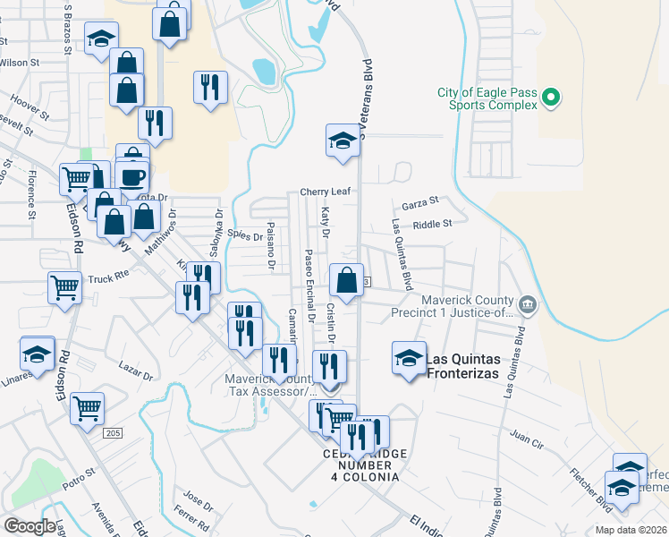 map of restaurants, bars, coffee shops, grocery stores, and more near 1577 South Veterans Boulevard in Eagle Pass